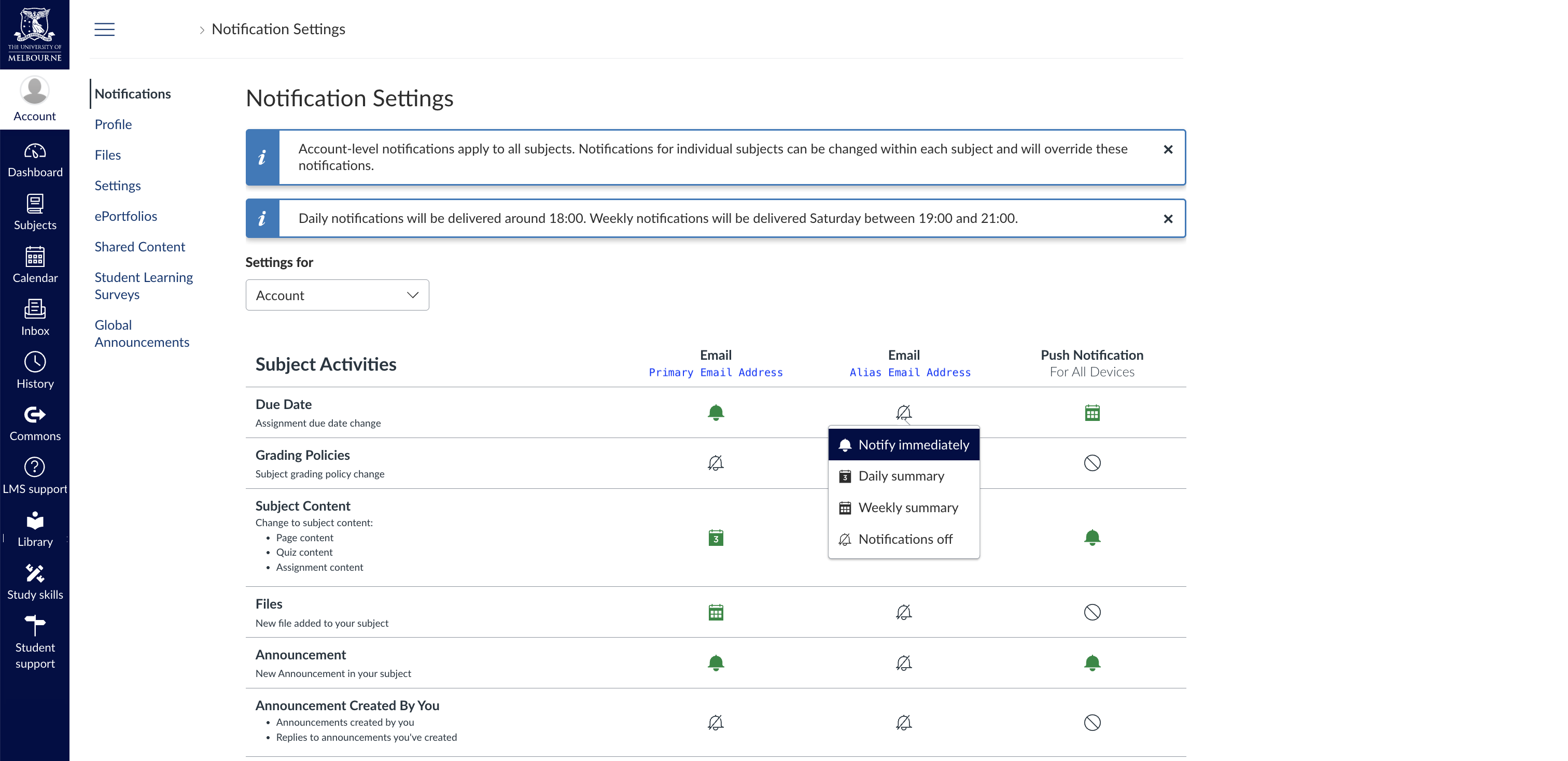 A page showing notification settings for Canvas LMS