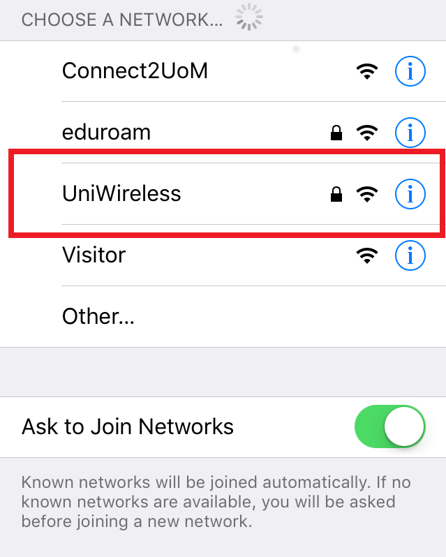 List of networks available at the university, with UniWireless highlighted.