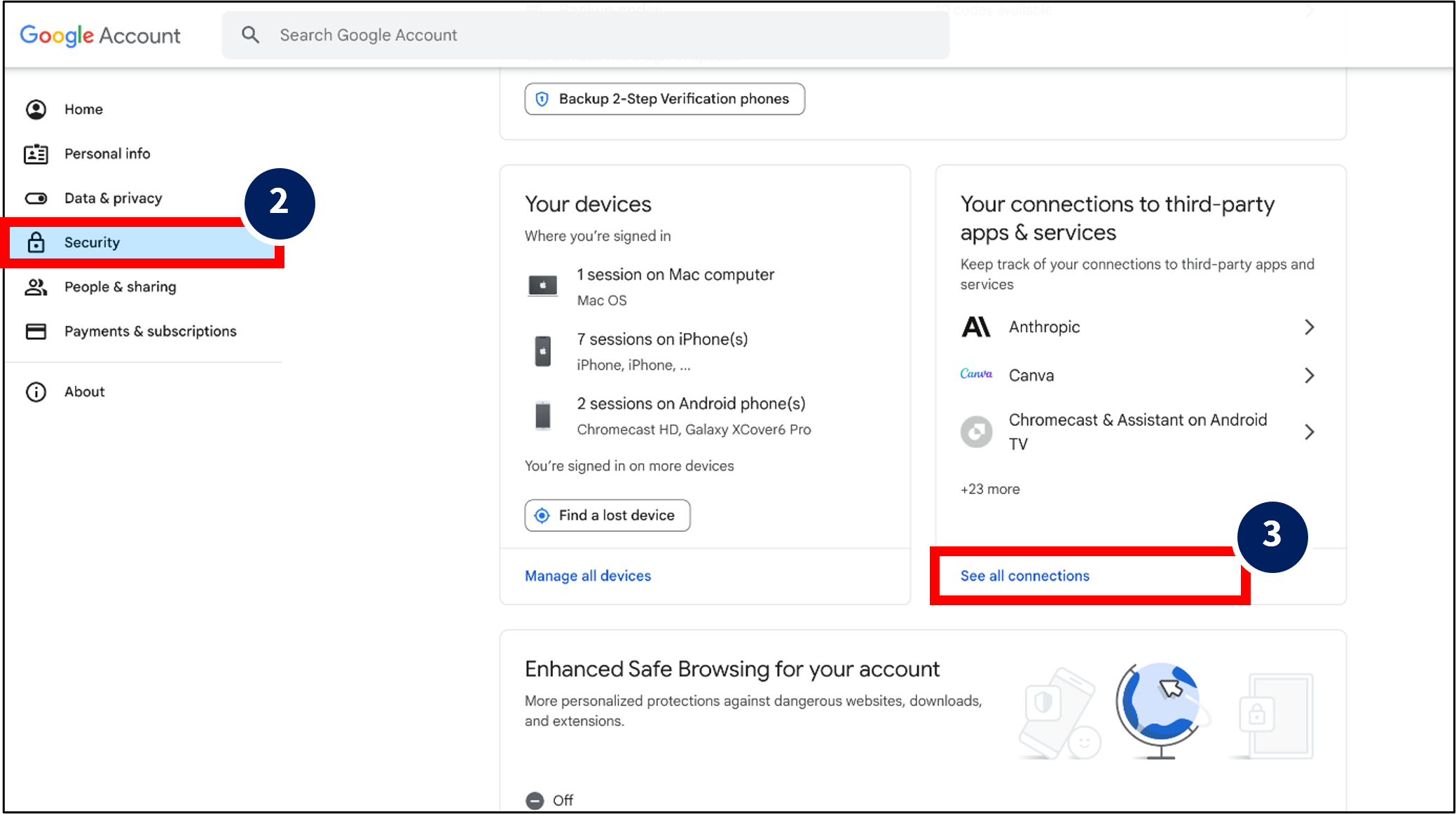 A screenshot of the Google account page showing the Security section and See all connections link as mentioned in step 2 and 3.